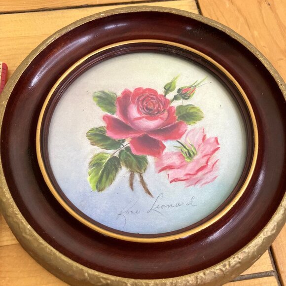 Rose Flower Original Pastel Art Signed Round Gesso Picture Frame Vintage Setof 2 - Picture 6 of 7